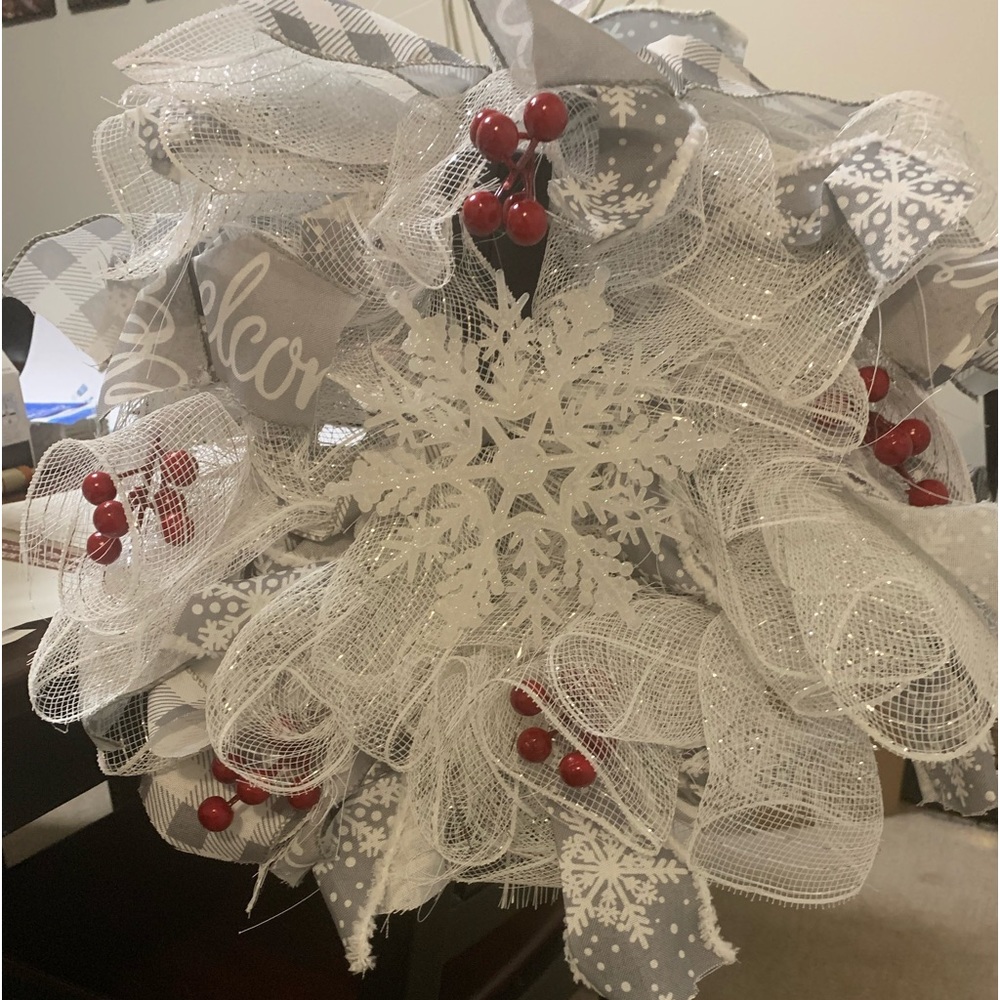 Lovely silver white gray Holiday Door Wreath with red berries.